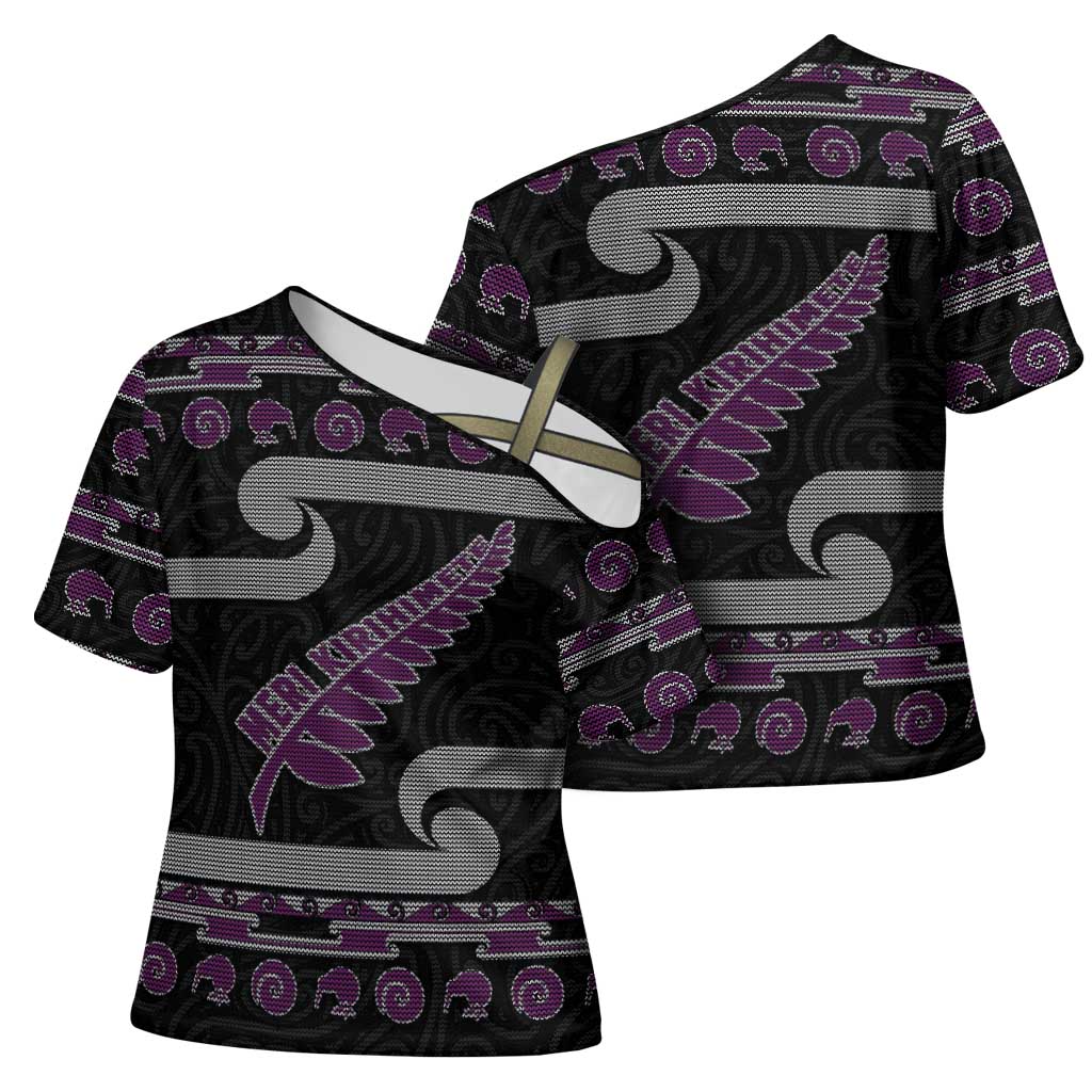 New Zealand Christmas Cross Shoulder Shirt Meri Kirihimete Silver Fern Knit Style Purple Color - Polynesian Pride