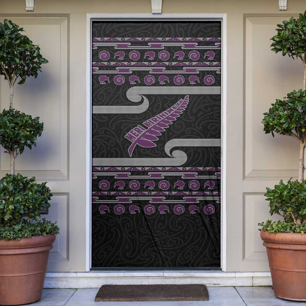 New Zealand Christmas Door Cover Meri Kirihimete Silver Fern Knit Style Purple Color - Polynesian Pride