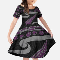 New Zealand Christmas Family Matching Long Sleeve Bodycon Dress and Hawaiian Shirt Meri Kirihimete Silver Fern Knit Style Purple Color - Polynesian Pride