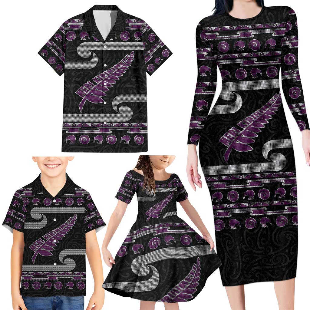 New Zealand Christmas Family Matching Long Sleeve Bodycon Dress and Hawaiian Shirt Meri Kirihimete Silver Fern Knit Style Purple Color - Polynesian Pride