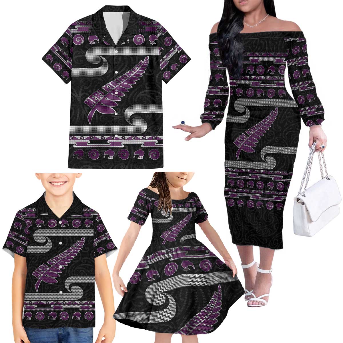New Zealand Christmas Family Matching Off The Shoulder Long Sleeve Dress and Hawaiian Shirt Meri Kirihimete Silver Fern Knit Style Purple Color - Polynesian Pride