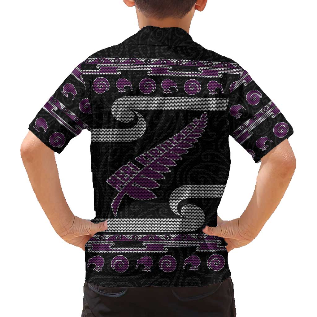 New Zealand Christmas Family Matching Off Shoulder Maxi Dress and Hawaiian Shirt Meri Kirihimete Silver Fern Knit Style Purple Color - Polynesian Pride