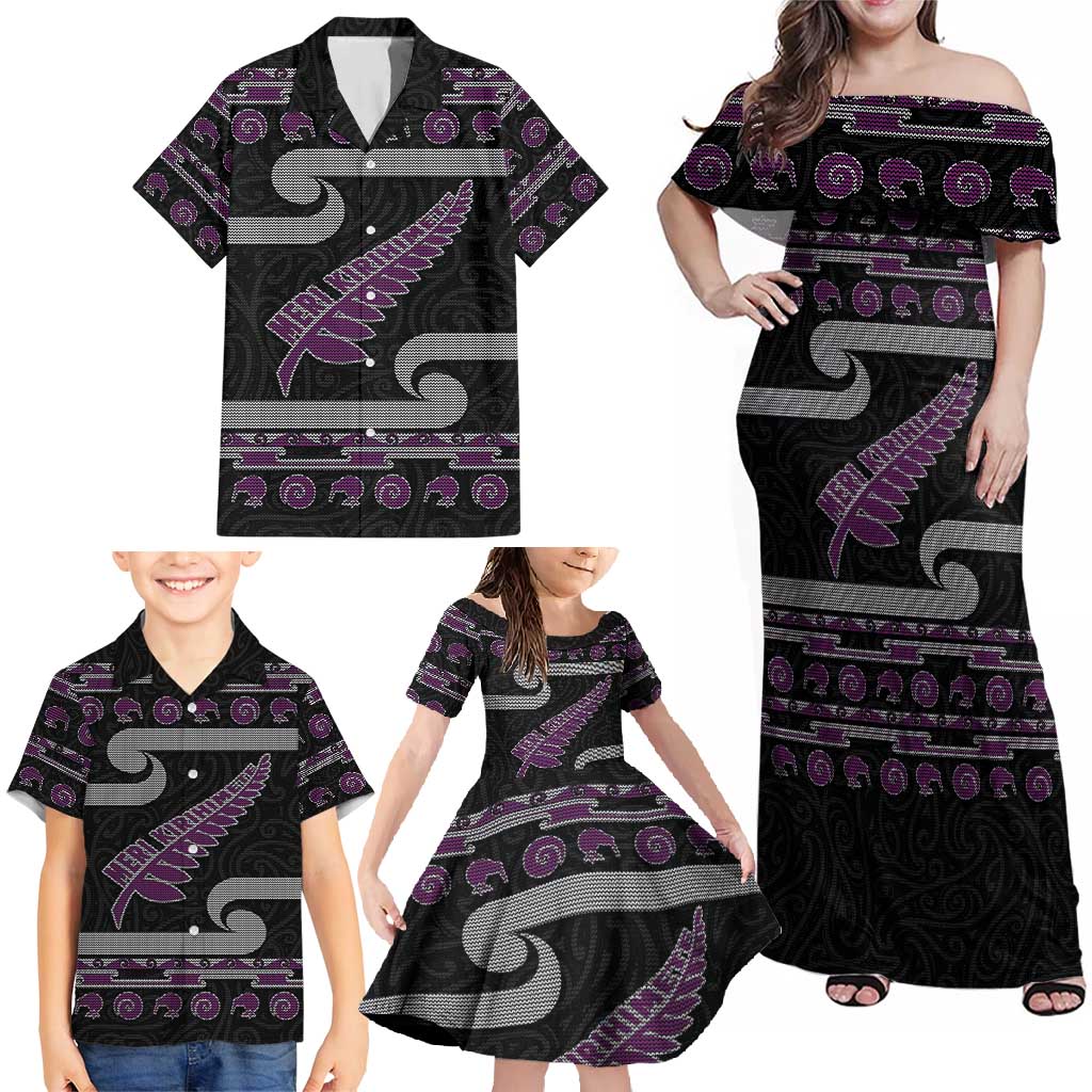 New Zealand Christmas Family Matching Off Shoulder Maxi Dress and Hawaiian Shirt Meri Kirihimete Silver Fern Knit Style Purple Color - Polynesian Pride
