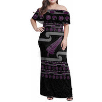 New Zealand Christmas Family Matching Off Shoulder Maxi Dress and Hawaiian Shirt Meri Kirihimete Silver Fern Knit Style Purple Color - Polynesian Pride