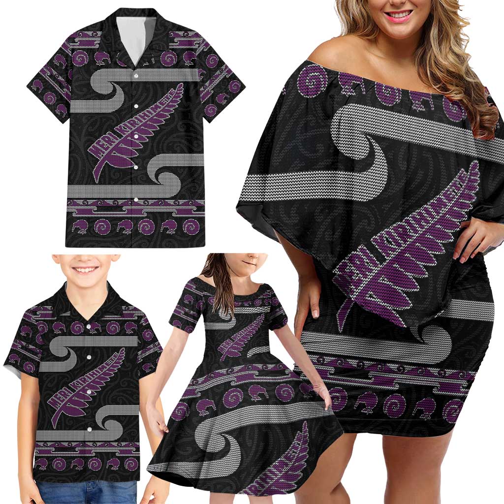 New Zealand Christmas Family Matching Off Shoulder Short Dress and Hawaiian Shirt Meri Kirihimete Silver Fern Knit Style Purple Color - Polynesian Pride