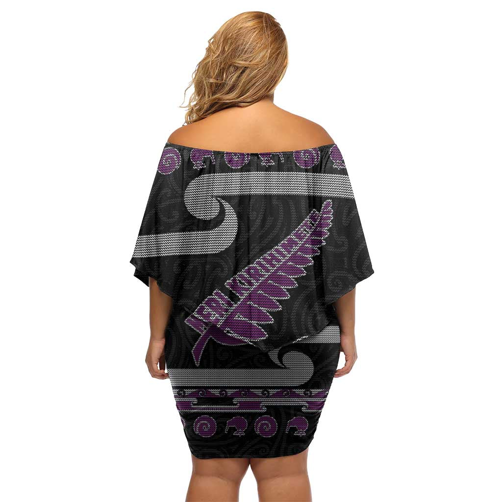 New Zealand Christmas Family Matching Off Shoulder Short Dress and Hawaiian Shirt Meri Kirihimete Silver Fern Knit Style Purple Color - Polynesian Pride