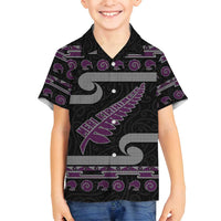New Zealand Christmas Family Matching Off Shoulder Short Dress and Hawaiian Shirt Meri Kirihimete Silver Fern Knit Style Purple Color - Polynesian Pride