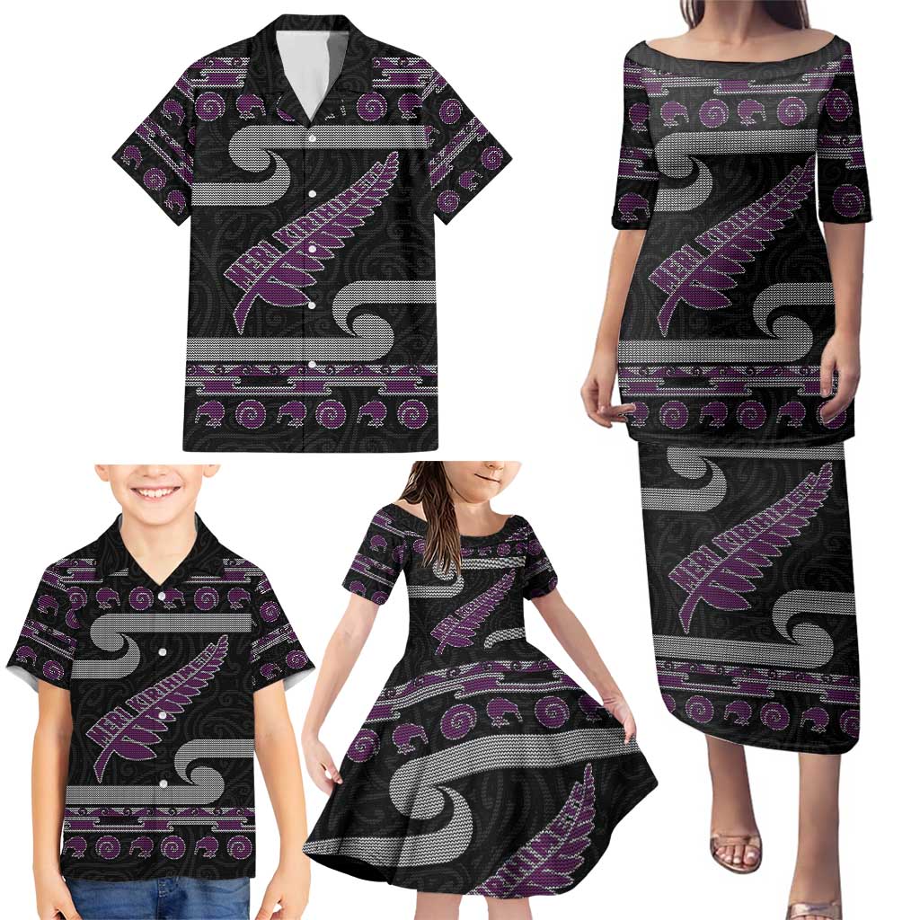 New Zealand Christmas Family Matching Puletasi and Hawaiian Shirt Meri Kirihimete Silver Fern Knit Style Purple Color - Polynesian Pride