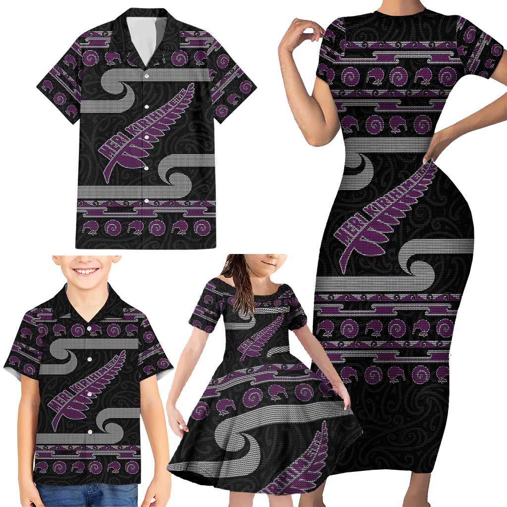 New Zealand Christmas Family Matching Short Sleeve Bodycon Dress and Hawaiian Shirt Meri Kirihimete Silver Fern Knit Style Purple Color - Polynesian Pride