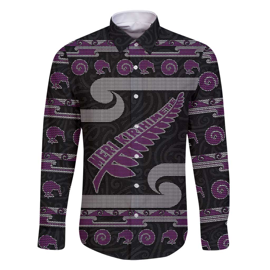 New Zealand Christmas Family Matching Short Sleeve Bodycon Dress and Hawaiian Shirt Meri Kirihimete Silver Fern Knit Style Purple Color - Polynesian Pride