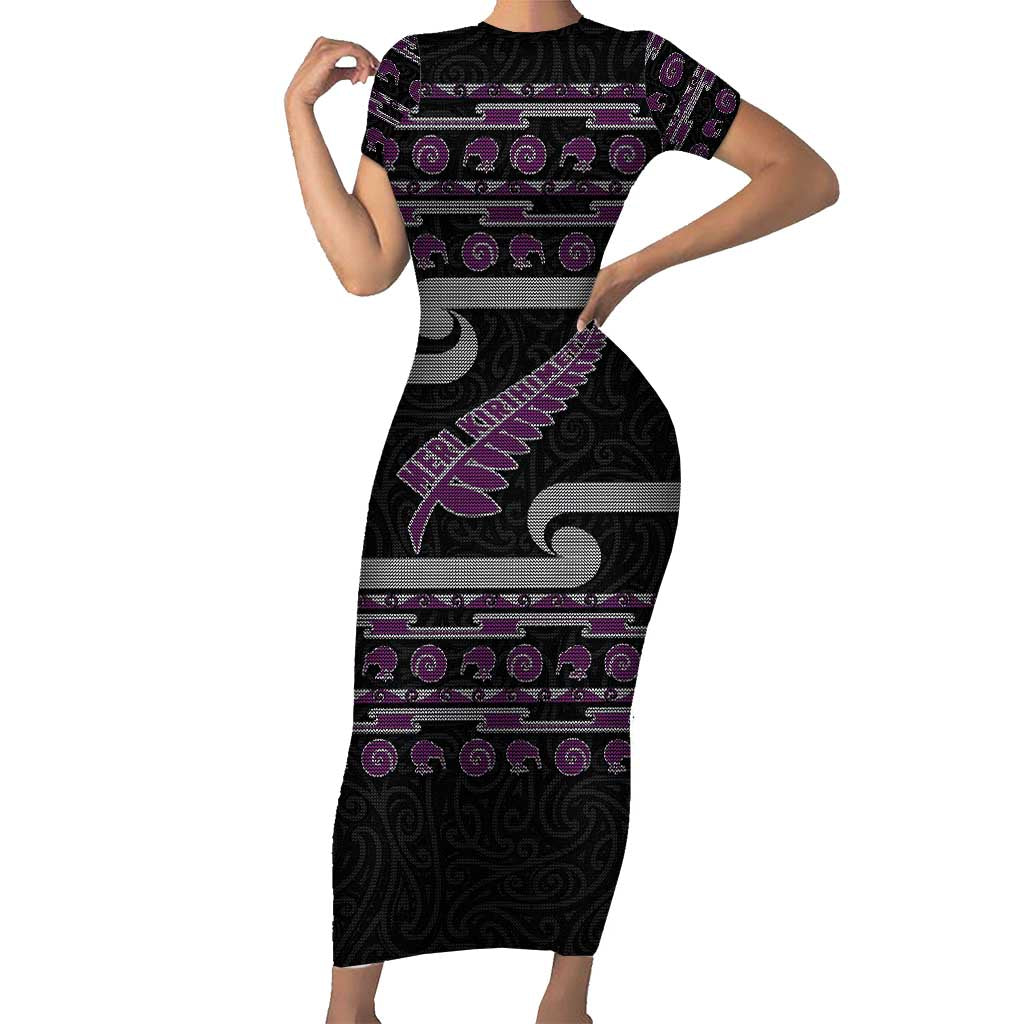 New Zealand Christmas Family Matching Short Sleeve Bodycon Dress and Hawaiian Shirt Meri Kirihimete Silver Fern Knit Style Purple Color - Polynesian Pride