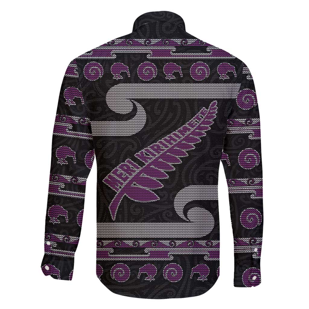New Zealand Christmas Family Matching Summer Maxi Dress and Hawaiian Shirt Meri Kirihimete Silver Fern Knit Style Purple Color - Polynesian Pride