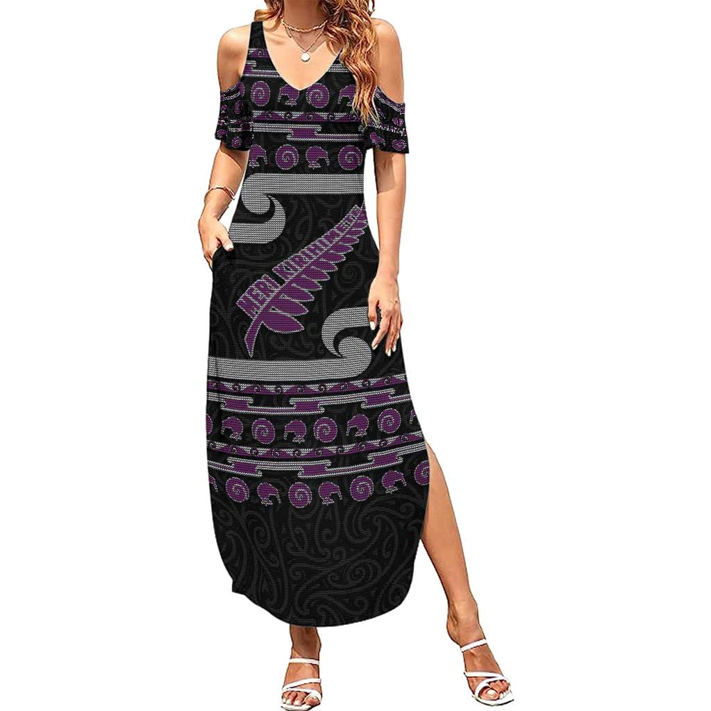 New Zealand Christmas Family Matching Summer Maxi Dress and Hawaiian Shirt Meri Kirihimete Silver Fern Knit Style Purple Color - Polynesian Pride