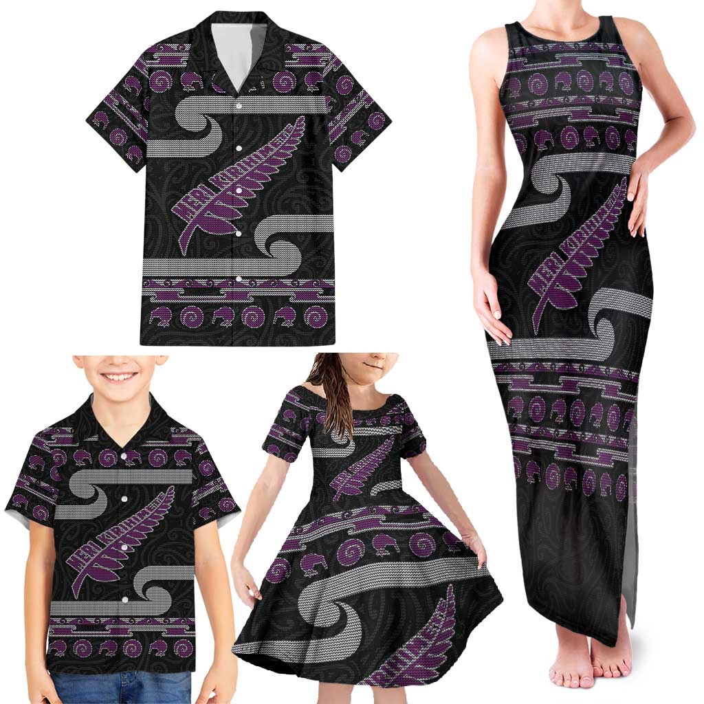 New Zealand Christmas Family Matching Tank Maxi Dress and Hawaiian Shirt Meri Kirihimete Silver Fern Knit Style Purple Color - Polynesian Pride