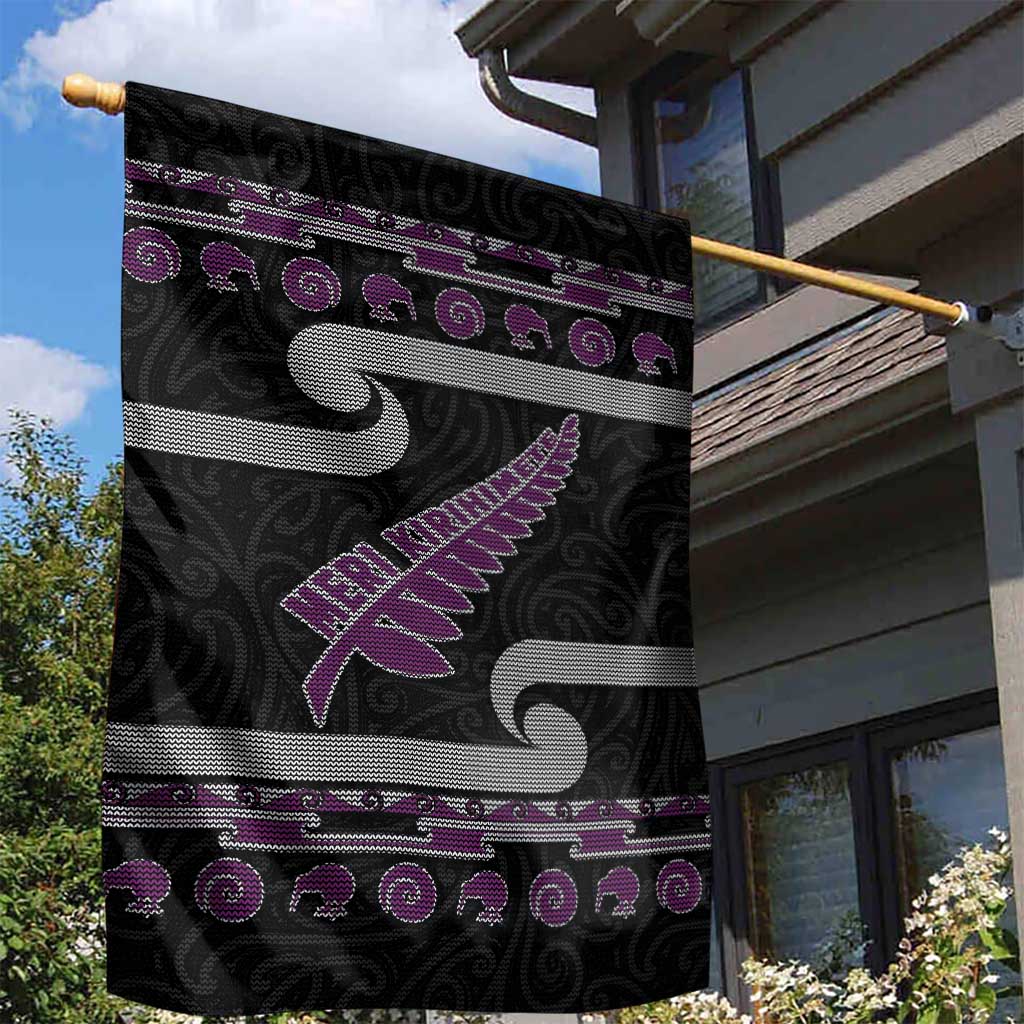New Zealand Christmas Garden Flag Meri Kirihimete Silver Fern Knit Style Purple Color - Polynesian Pride