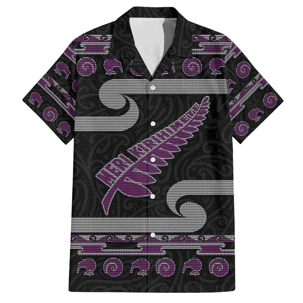 New Zealand Christmas Hawaiian Shirt Meri Kirihimete Silver Fern Knit Style Purple Color - Polynesian Pride