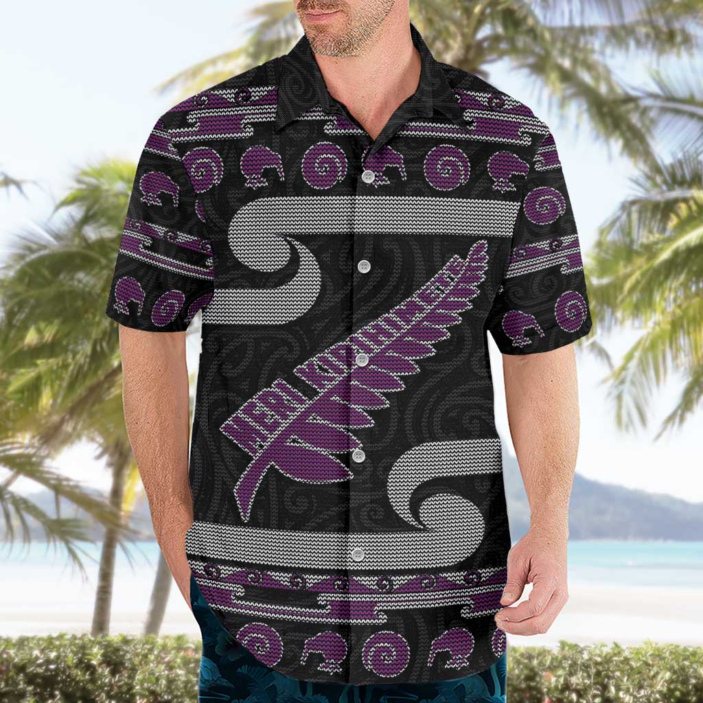 New Zealand Christmas Hawaiian Shirt Meri Kirihimete Silver Fern Knit Style Purple Color - Polynesian Pride