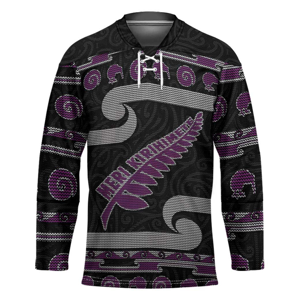 New Zealand Christmas Hockey Jersey Meri Kirihimete Silver Fern Knit Style Purple Color - Polynesian Pride