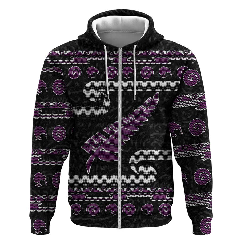 New Zealand Christmas Hoodie Meri Kirihimete Silver Fern Knit Style Purple Color - Polynesian Pride