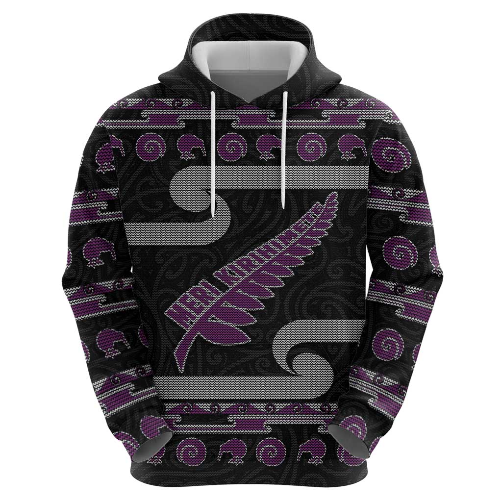 New Zealand Christmas Hoodie Meri Kirihimete Silver Fern Knit Style Purple Color - Polynesian Pride
