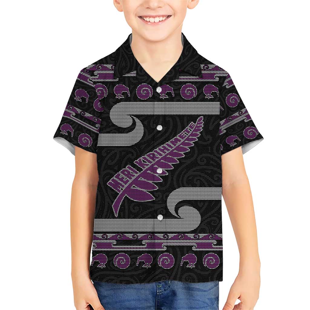 New Zealand Christmas Kid Hawaiian Shirt Meri Kirihimete Silver Fern Knit Style Purple Color - Polynesian Pride