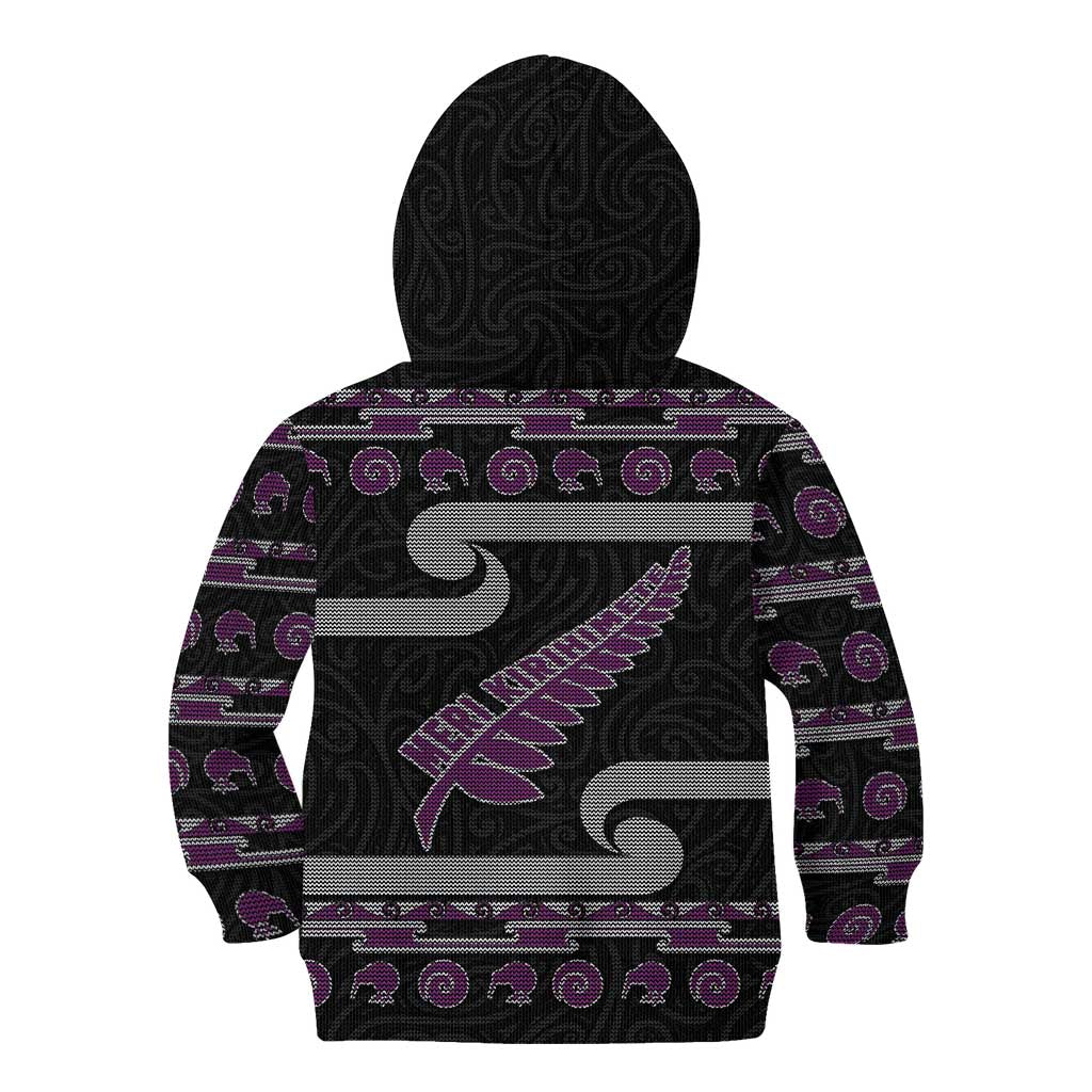 New Zealand Christmas Kid Hoodie Meri Kirihimete Silver Fern Knit Style Purple Color - Polynesian Pride