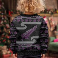 New Zealand Christmas Kid Ugly Christmas Sweater Meri Kirihimete Silver Fern Knit Style Purple Color - Polynesian Pride
