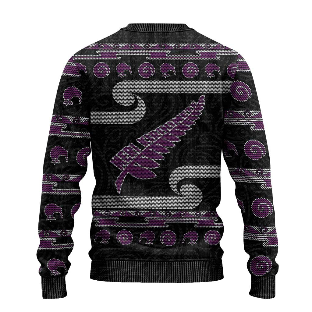 New Zealand Christmas Ugly Christmas Sweater Meri Kirihimete Silver Fern Knit Style Purple Color - Polynesian Pride