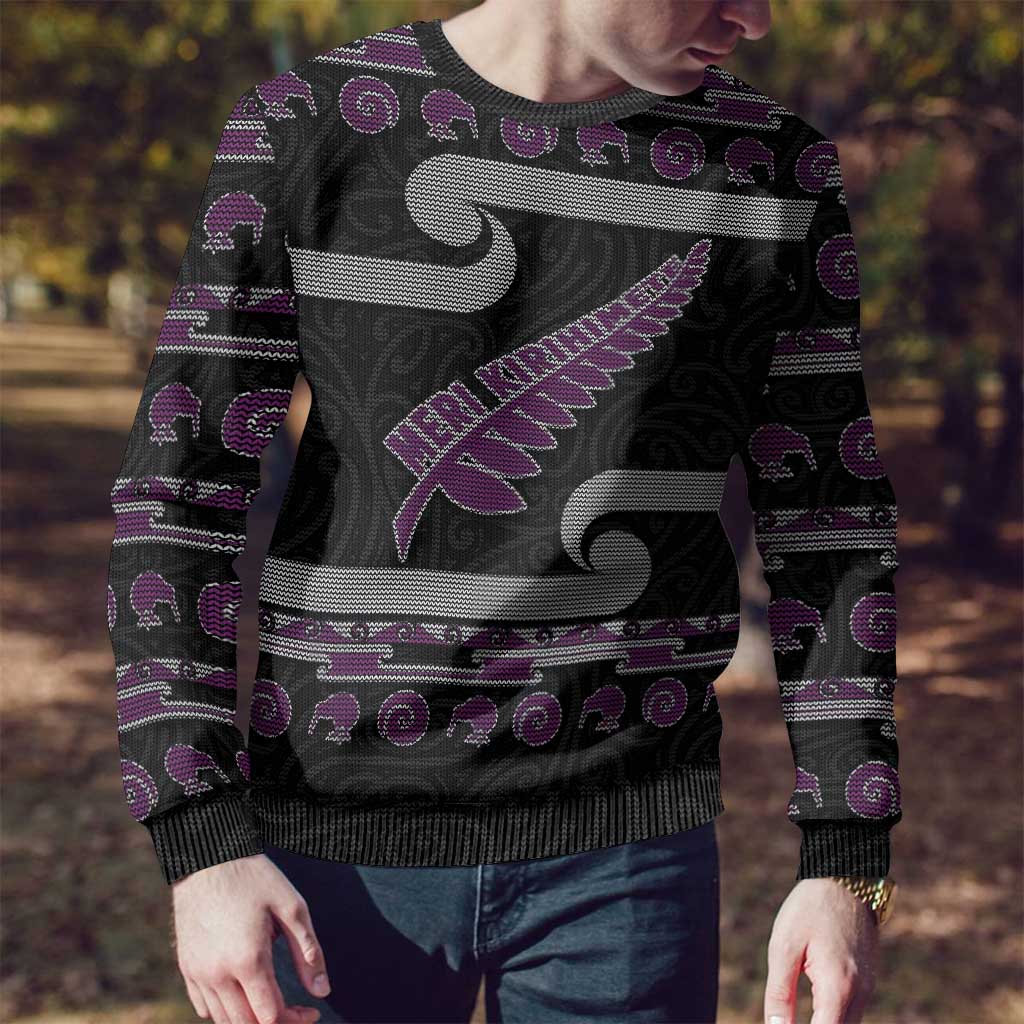 New Zealand Christmas Ugly Christmas Sweater Meri Kirihimete Silver Fern Knit Style Purple Color - Polynesian Pride