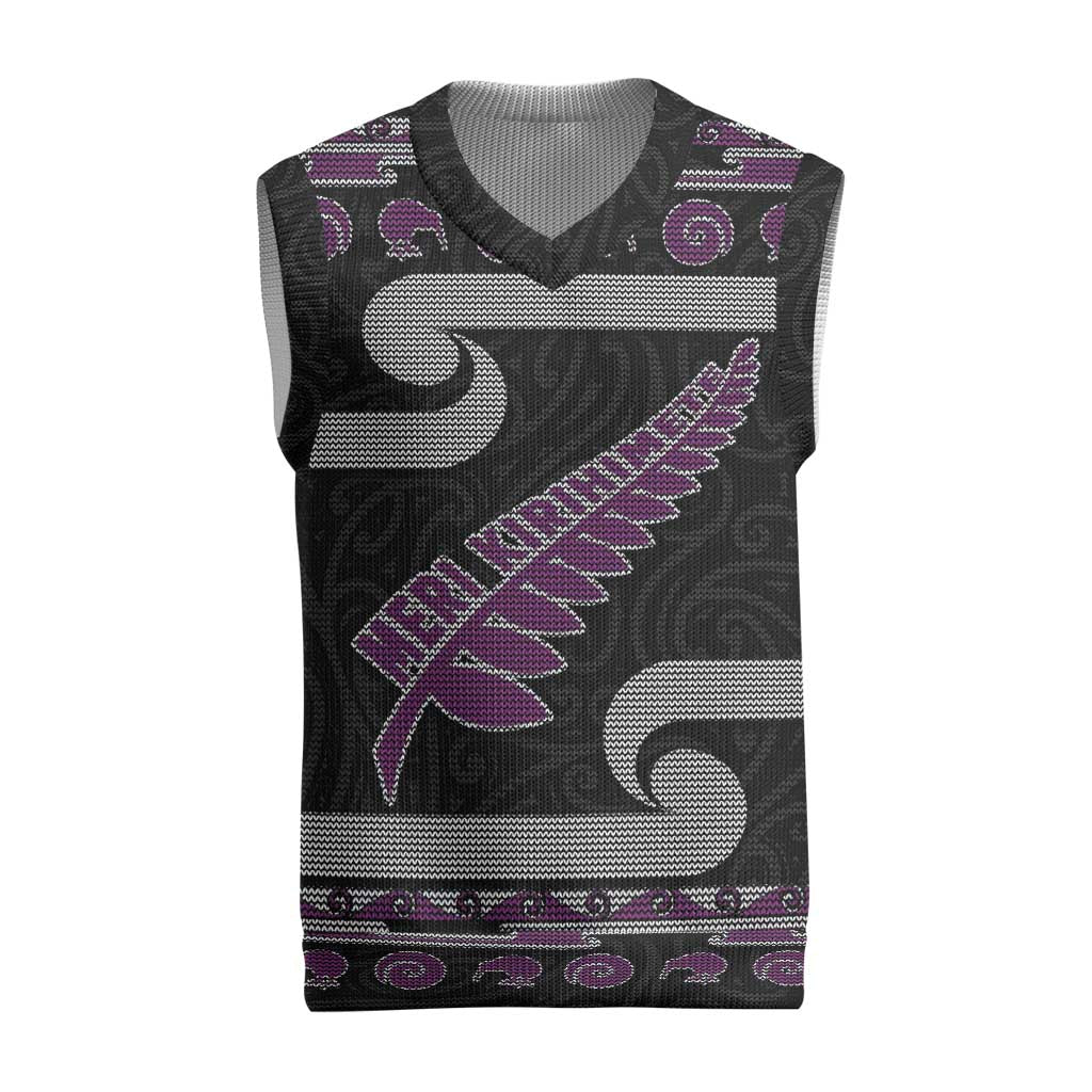 New Zealand Christmas Knitted V-Neck Vest Meri Kirihimete Silver Fern Knit Style Purple Color - Polynesian Pride