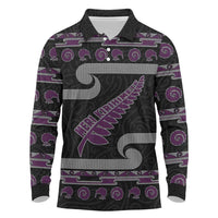 New Zealand Christmas Long Sleeve Polo Shirt Meri Kirihimete Silver Fern Knit Style Purple Color - Polynesian Pride
