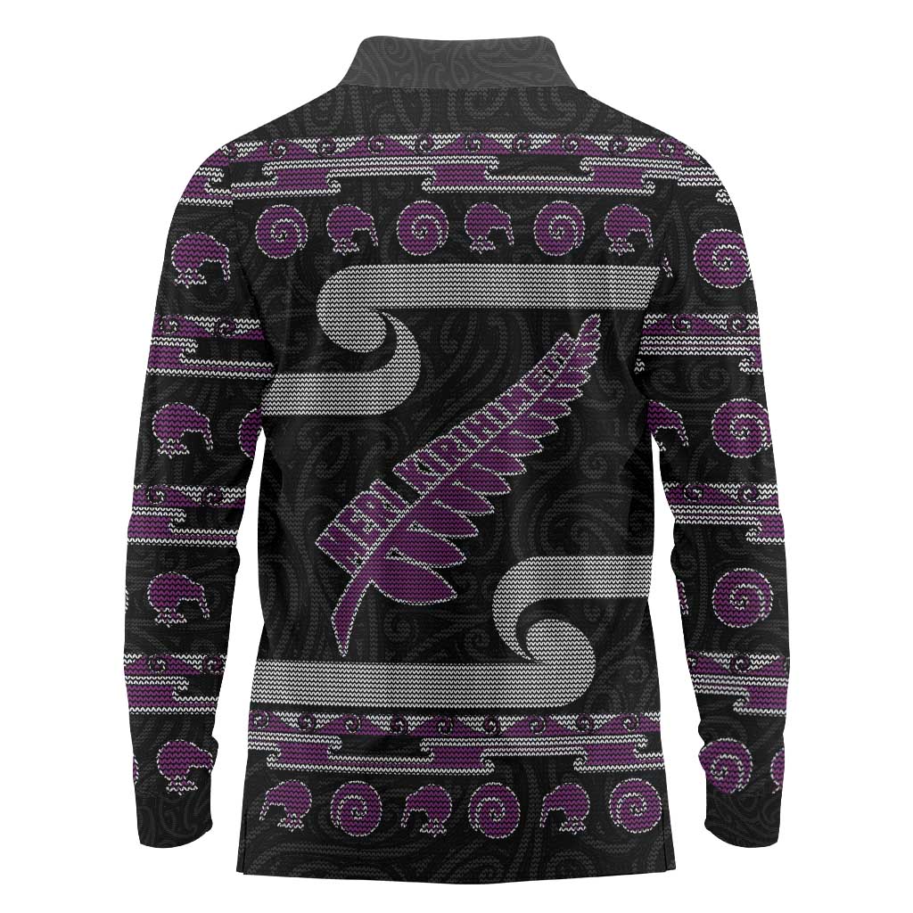New Zealand Christmas Long Sleeve Polo Shirt Meri Kirihimete Silver Fern Knit Style Purple Color - Polynesian Pride