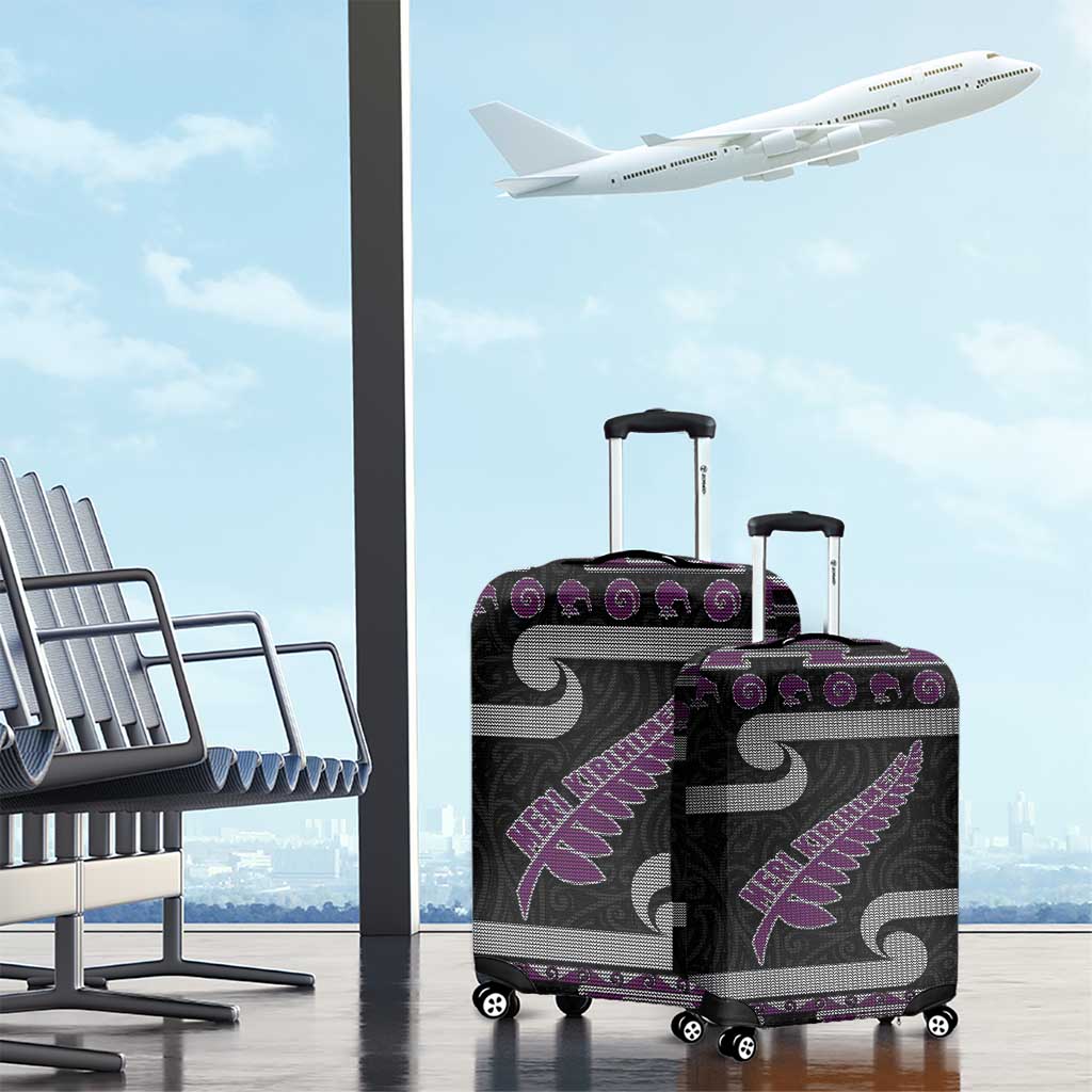 New Zealand Christmas Luggage Cover Meri Kirihimete Silver Fern Knit Style Purple Color - Polynesian Pride