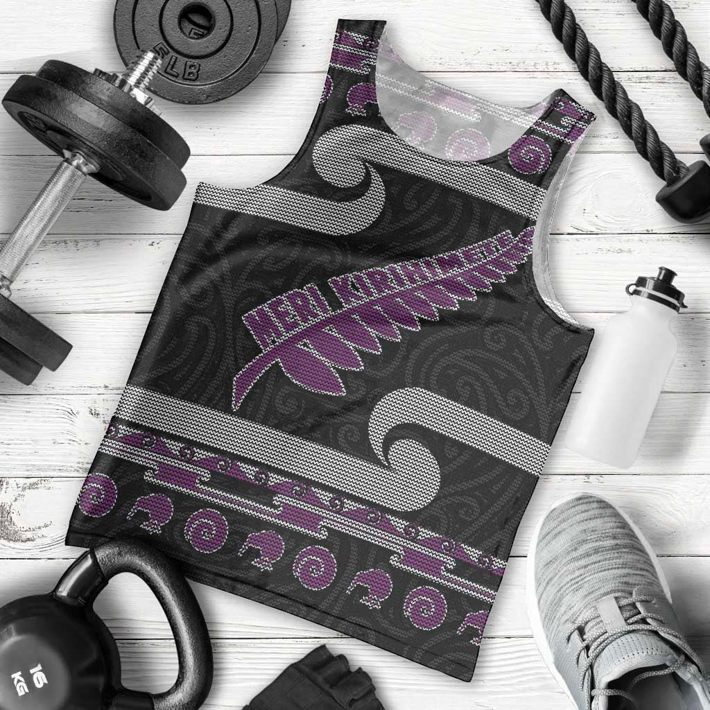 New Zealand Christmas Men Tank Top Meri Kirihimete Silver Fern Knit Style Purple Color - Polynesian Pride