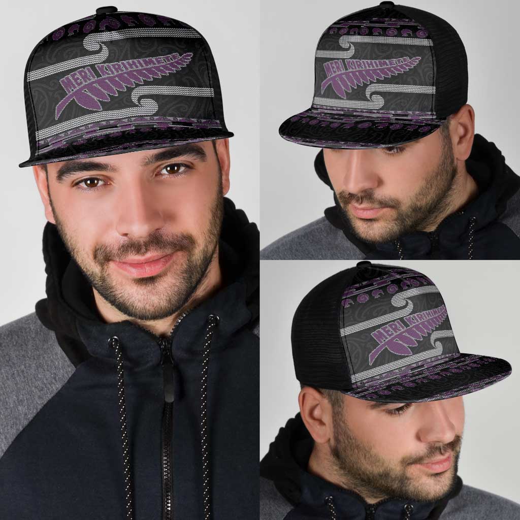 New Zealand Christmas Mesh Trucker Cap Meri Kirihimete Silver Fern Knit Style Purple Color - Polynesian Pride