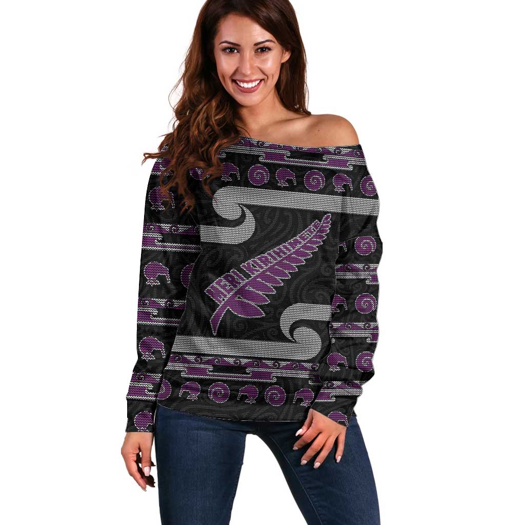 New Zealand Christmas Off Shoulder Sweater Meri Kirihimete Silver Fern Knit Style Purple Color - Polynesian Pride