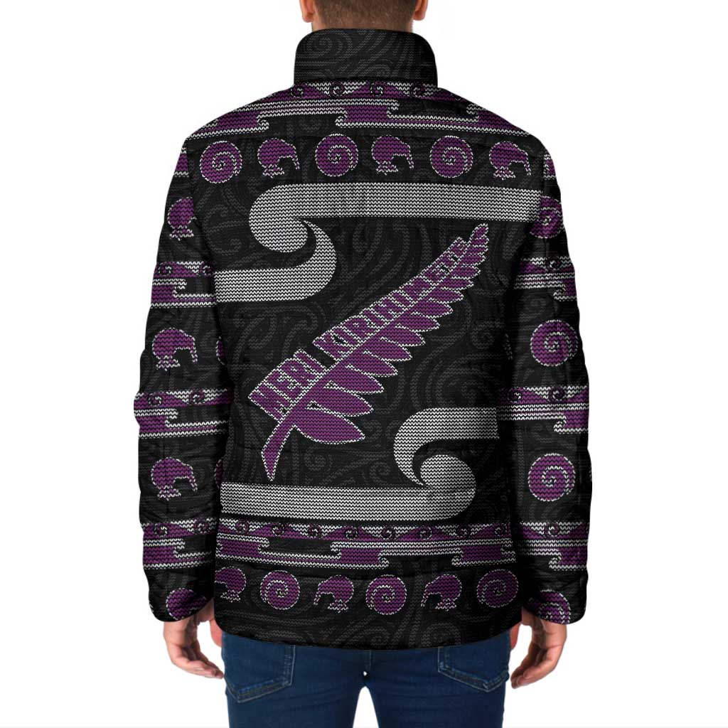 New Zealand Christmas Padded Jacket Meri Kirihimete Silver Fern Knit Style Purple Color - Polynesian Pride
