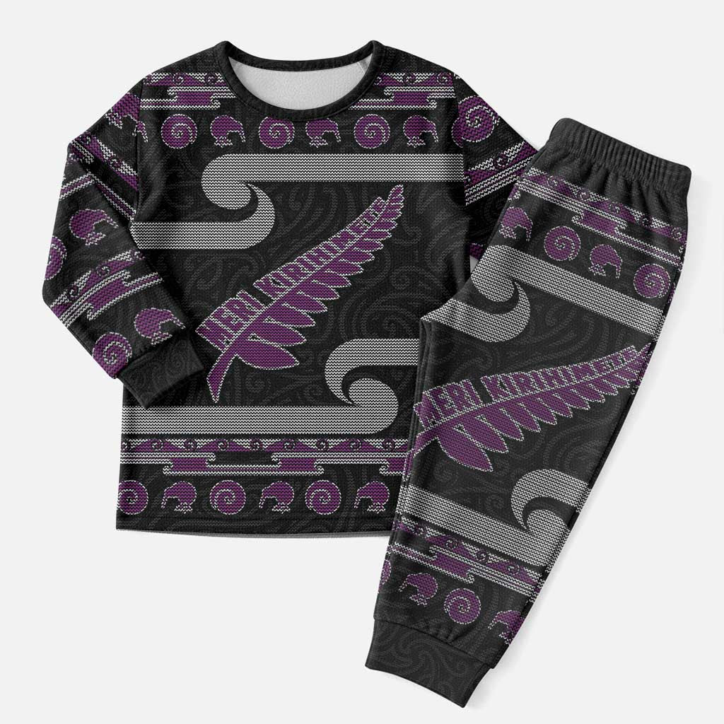 New Zealand Christmas Pajama Set Meri Kirihimete Silver Fern Knit Style Purple Color - Polynesian Pride
