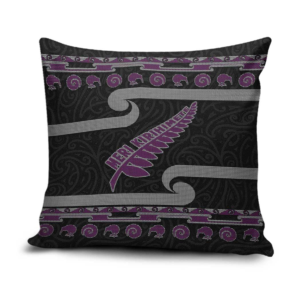 New Zealand Christmas Pillow Cover Meri Kirihimete Silver Fern Knit Style Purple Color - Polynesian Pride