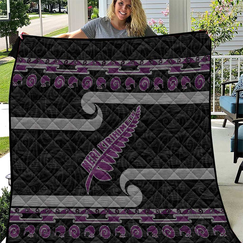 New Zealand Christmas Quilt Meri Kirihimete Silver Fern Knit Style Purple Color - Polynesian Pride