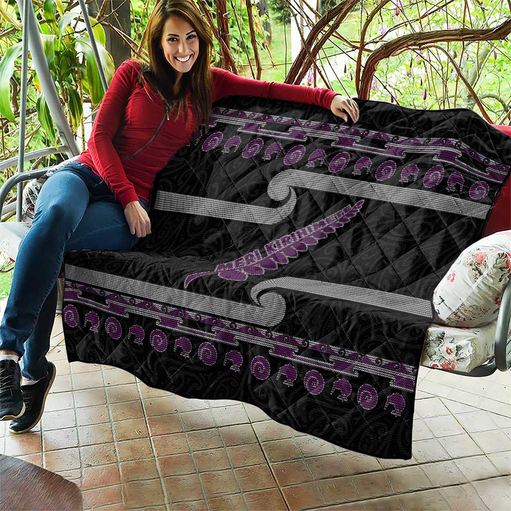 New Zealand Christmas Quilt Meri Kirihimete Silver Fern Knit Style Purple Color - Polynesian Pride