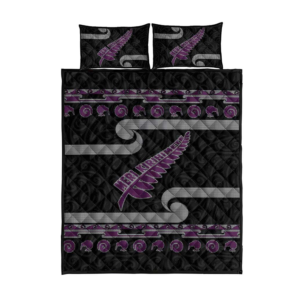 New Zealand Christmas Quilt Bed Set Meri Kirihimete Silver Fern Knit Style Purple Color - Polynesian Pride