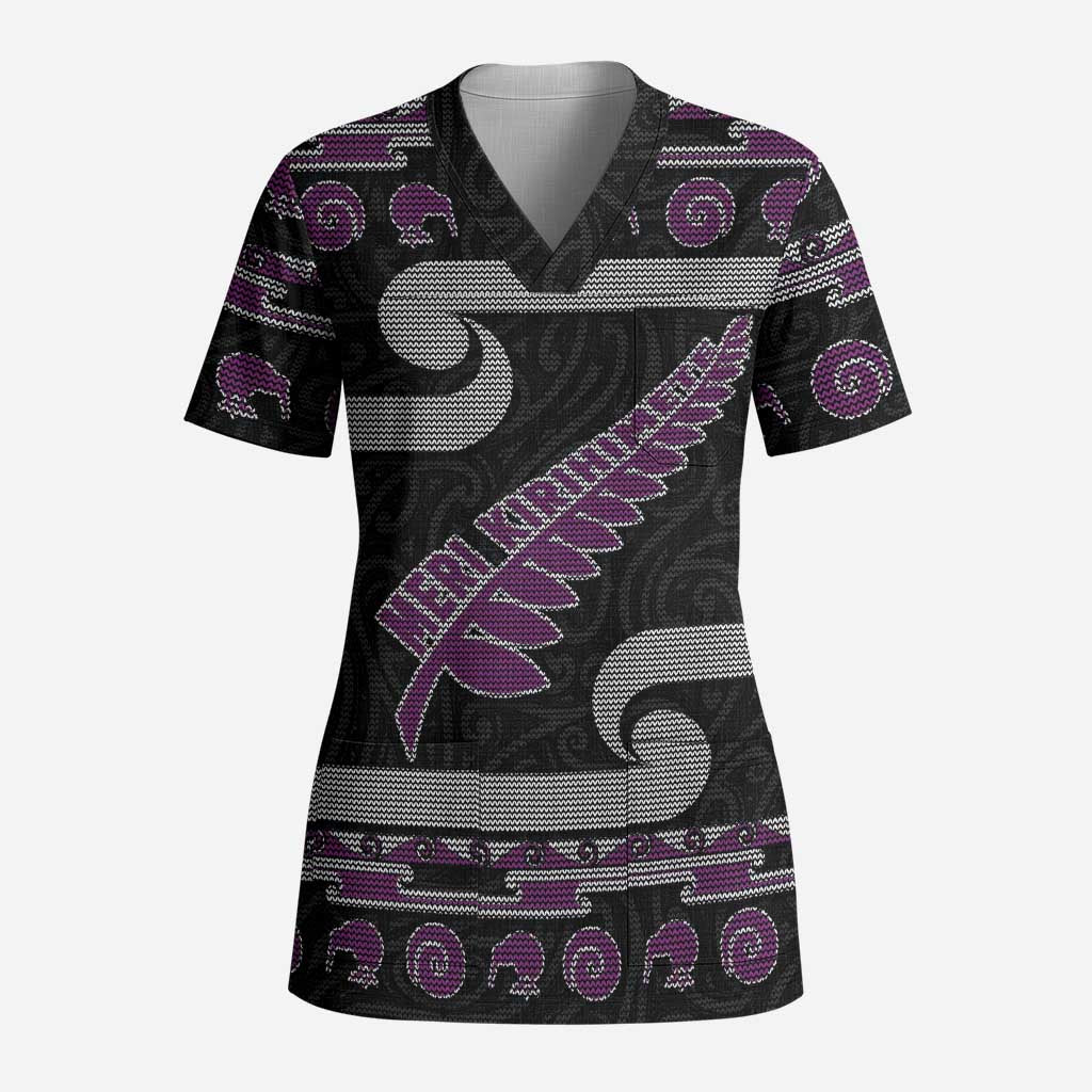New Zealand Christmas Scrub Top Meri Kirihimete Silver Fern Knit Style Purple Color - Polynesian Pride