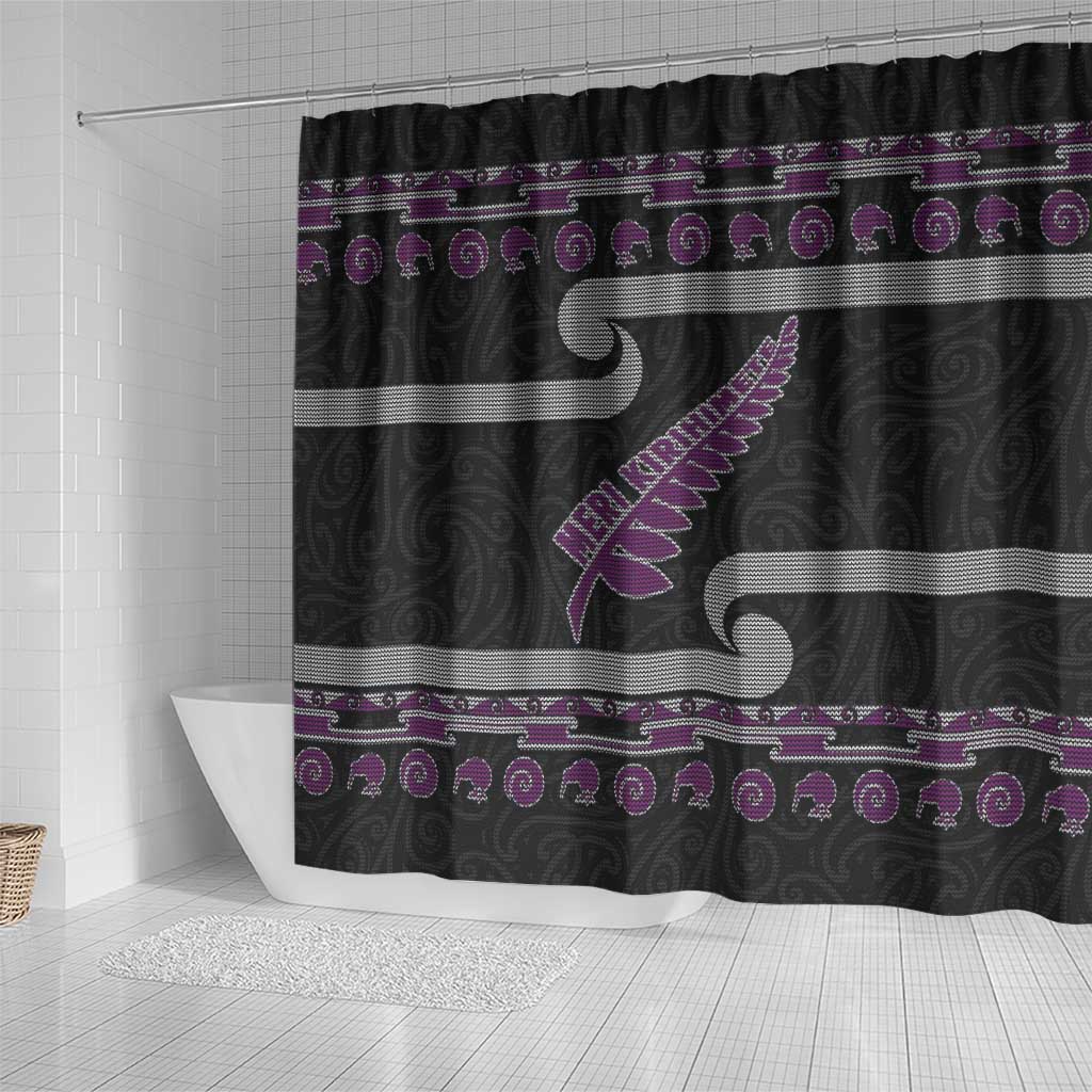 New Zealand Christmas Shower Curtain Meri Kirihimete Silver Fern Knit Style Purple Color - Polynesian Pride