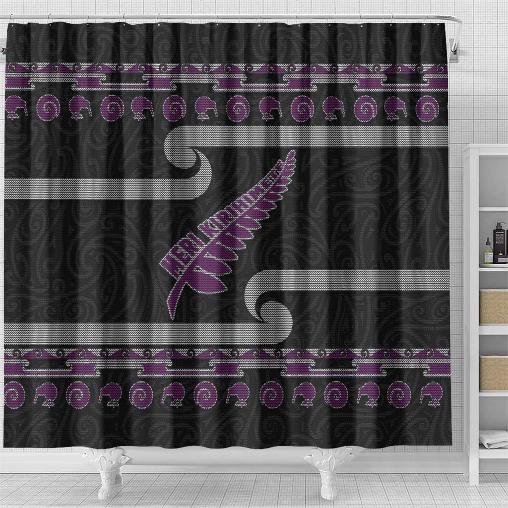 New Zealand Christmas Shower Curtain Meri Kirihimete Silver Fern Knit Style Purple Color - Polynesian Pride