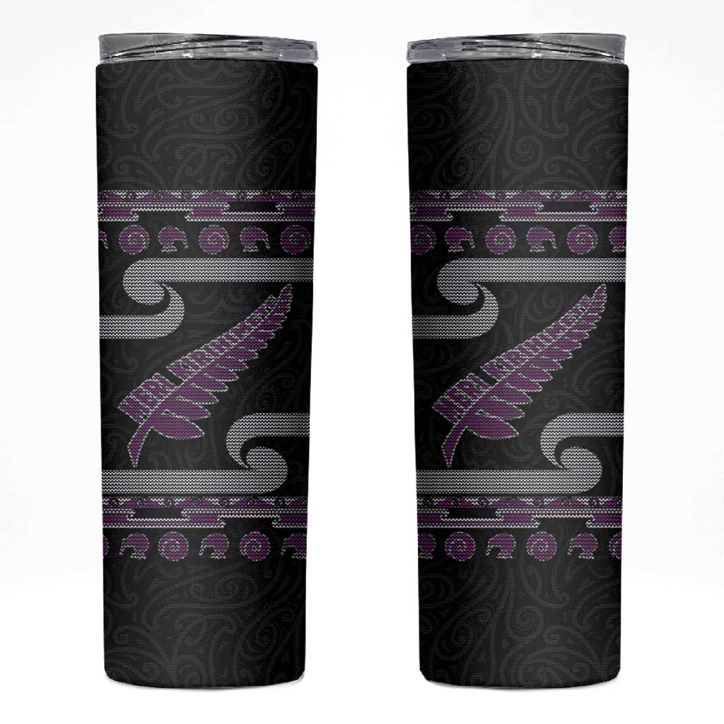 New Zealand Christmas Skinny Tumbler Meri Kirihimete Silver Fern Knit Style Purple Color - Polynesian Pride