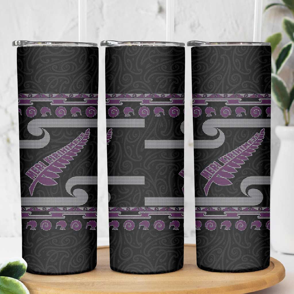 New Zealand Christmas Skinny Tumbler Meri Kirihimete Silver Fern Knit Style Purple Color - Polynesian Pride