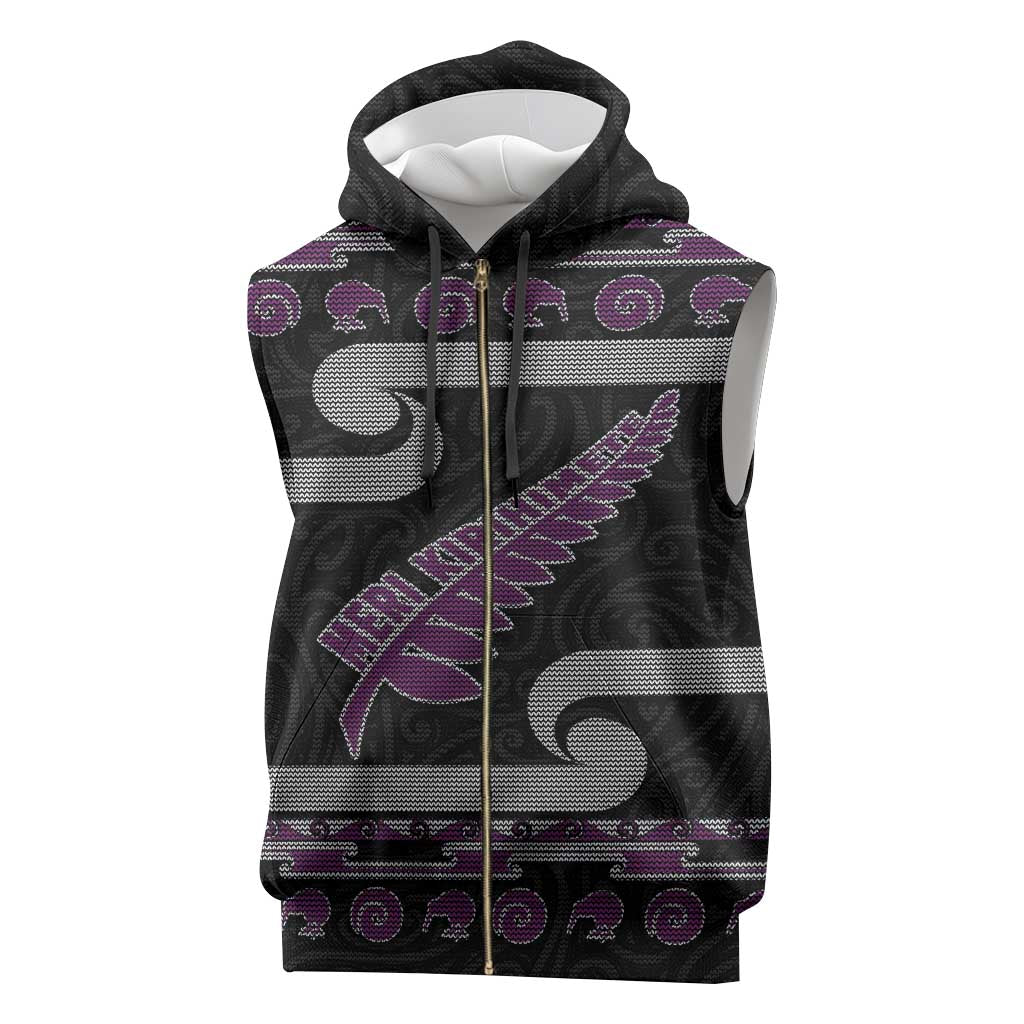 New Zealand Christmas Sleeveless Zip Hoodie Meri Kirihimete Silver Fern Knit Style Purple Color - Polynesian Pride