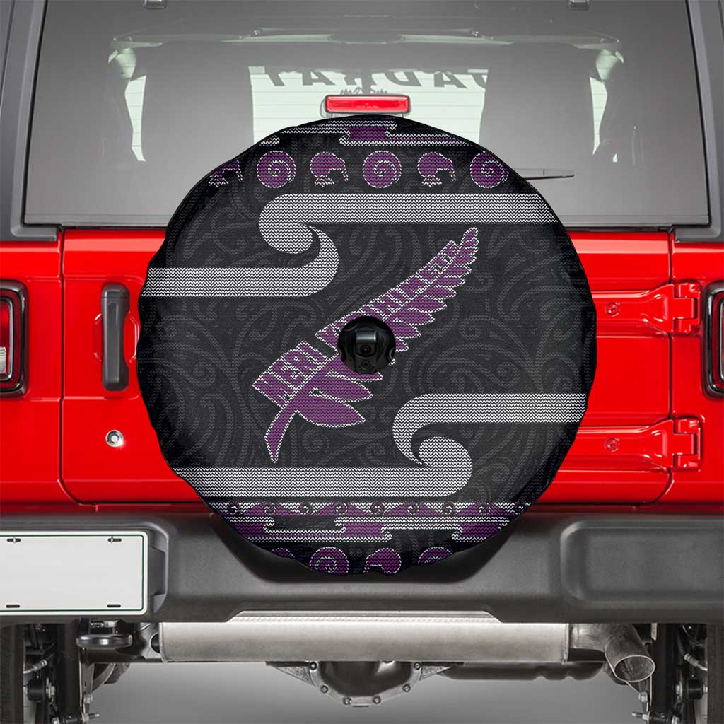New Zealand Christmas Spare Tire Cover Meri Kirihimete Silver Fern Knit Style Purple Color - Polynesian Pride