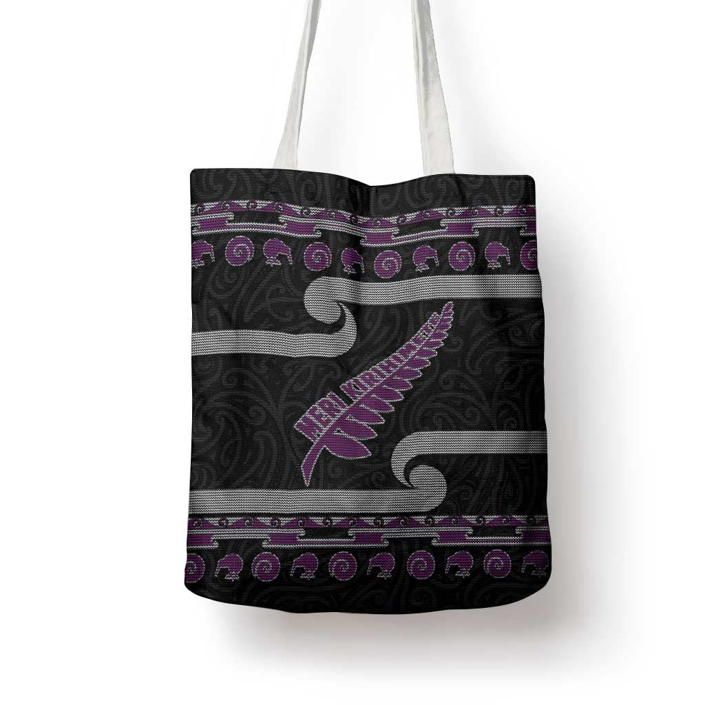 New Zealand Christmas Tote Bag Meri Kirihimete Silver Fern Knit Style Purple Color - Polynesian Pride